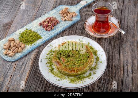 Katmer dessert traditional turkish dessert. Turkish name; Gul Katmeri. Stock Photo