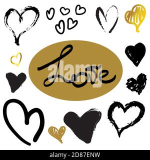 Hand drawn hearts black and gold lettering word love Stock Vector