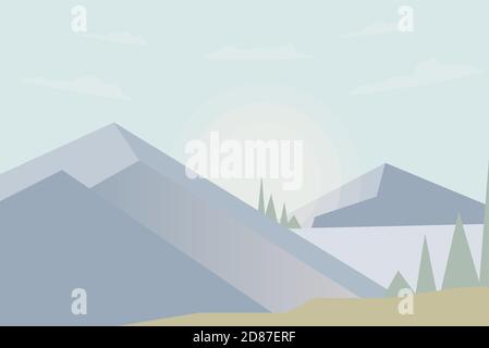 Abstract image of a sunset or dawn sun over the mountains at the background and river or lake at the foreground. Mountain landscape. Low poly vector i Stock Vector