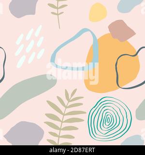 Modern vector illustration with falling leaves, splash, grunge textures, rough brush strokes, doodles. Creative abstract drawing seamless pattern with Stock Vector