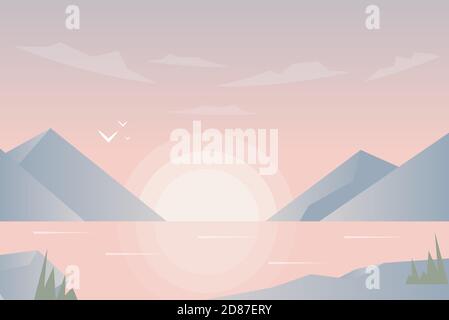 Abstract image of a sunset or dawn sun over the mountains at the background and river or lake at the foreground. Mountain landscape. Low poly vector i Stock Vector