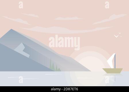 Nature seascape view looking to the white boat in the ocean, sea, clouds, blue sky and birds in summer. Vector low poly art concept. Stock Vector