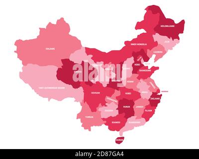 Pink political map of China. Administrative divisions - provinces. Simple flat vector map with labels. Stock Vector