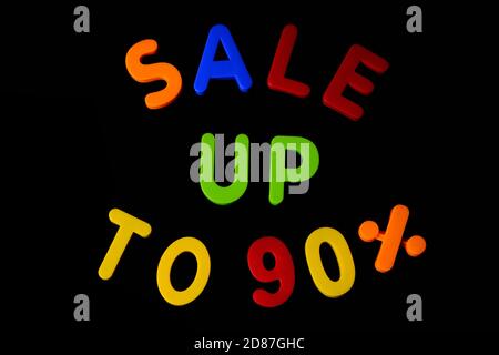 Inscription Sale up to 90 per cent against black background.Black friday concept Stock Photo