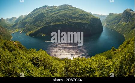 GeirangerFjord Loop, local view Geiranger, ship Queen Elitabeth and MSC Orchestra at anchor, Møre og Romsdal, Norway, Scandinavia, Europe, adventure t Stock Photo