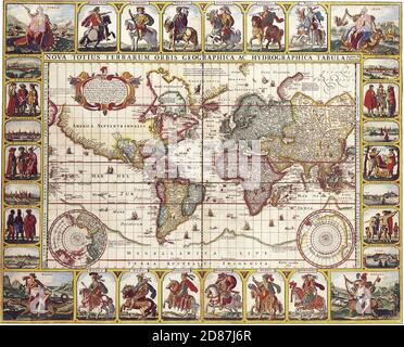 Nova Totius Terrarum Orbis Geographica Ac Hydrographica Tabula. Antique Maps of the World. Nicolas Visscher c 1652 Stock Photo
