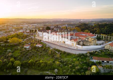 Aerial drone view of Convento de cristo christ convent in Tomar at sunrise, Portugal Stock Photo