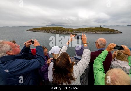 Northern Arctic Circle Globe, tourist photography Arctic Circle Globe, Vikingen Island, photographing tourists, Tonnes, Nordland, Norway, Scandinavia, Stock Photo