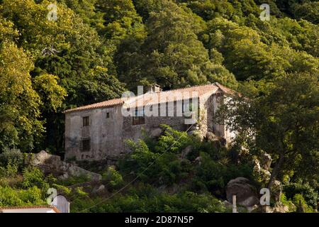Old stone house on a mountain surrounded vegetation Stock Photo
