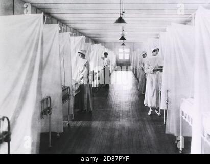 Nurses and Orderlies standing at foot of Beds separated by Sheets, Influenza Ward, U.S. Army, Walter Reed General Hospital, Washington, D.C., USA, 1918 Stock Photo