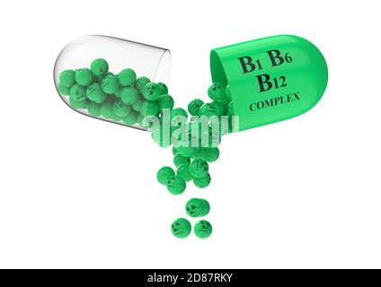 Open capsule with vitamin B complex from which the contents are poured. Medical 3D rendering illustration Stock Photo