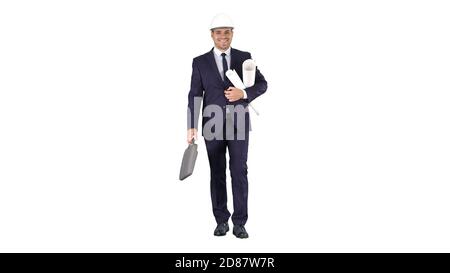 Smiling architect or engineer walking while keeping projects in arms Labor concept on white background. Stock Photo