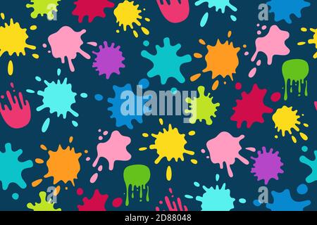 Paint splash colorful seamless pattern. Round ink flat splatter, decorative shapes liquids. Grunge splashes, drops, spatters cartoon background style. Holi spring festival. Vector illustration Stock Vector