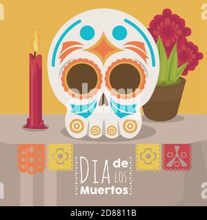 dia de los muertos poster with skull head and candle and flowers vector illustration design Stock Vector