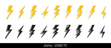 Black and yellow lightning bolt icon set. Electrical strike sign or energy  symbol and thunder electricity. Template logo voltage power fast speed.  Flash emblem shiny shock Isolated vector illustration Stock Vector Image &  Art - Alamy