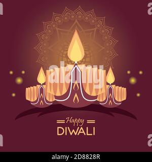 happy diwali celebration with three candles wooden vector illustration design Stock Vector