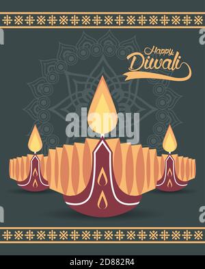 happy diwali celebration with three candles wooden vector illustration design Stock Vector