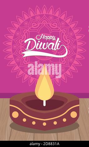 happy diwali celebration with candle wooden in pink background vector illustration design Stock Vector