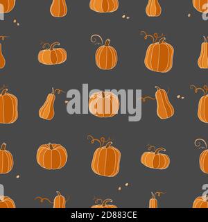 Pumpkin vector seamless pattern. Orange pumpkins on a dark background.  Stock Vector