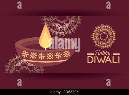 happy diwali celebration with candle wooden and mandalas vector illustration design Stock Vector