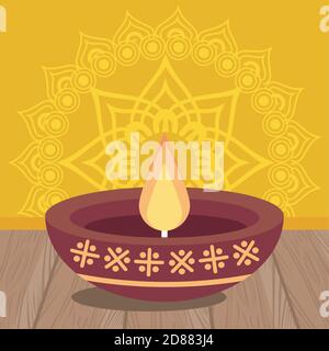 happy diwali celebration with candle wooden in yellow background vector illustration design Stock Vector
