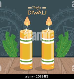 happy diwali celebration with two candles wooden and leafs in wooden table vector illustration design Stock Vector