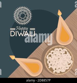 happy diwali celebration with two candles and food in wooden table vector illustration design Stock Vector