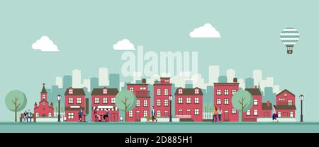 Modern city / town street flat vector illustration (People in daily life) Stock Vector