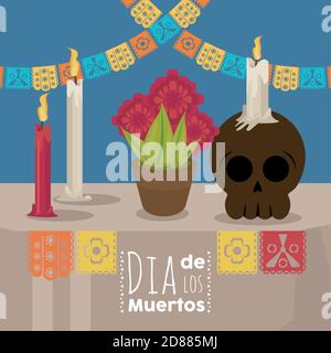 dia de los muertos poster with skull chandelier and flowers vector illustration design Stock Vector