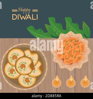 happy diwali celebration with three candles and food in table wooden vector illustration design Stock Vector