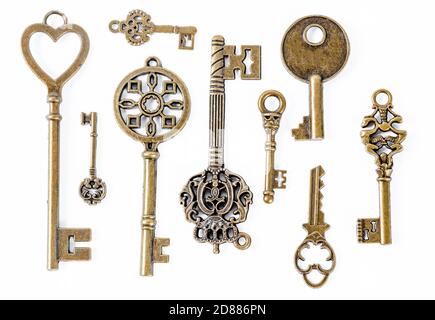 Vintage Keys Collection Isolated On White Background Stock Photo
