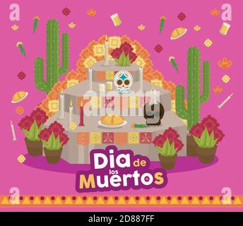 dia de los muertos poster with prayer altar and cactus vector illustration design Stock Vector