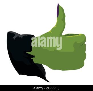 Witch's hand with green skin and thumbs up gesture, isolated over white background. Stock Vector