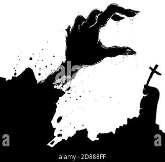 Graveyard scene with zombie hand silhouette coming out from its tomb. Stock Vector