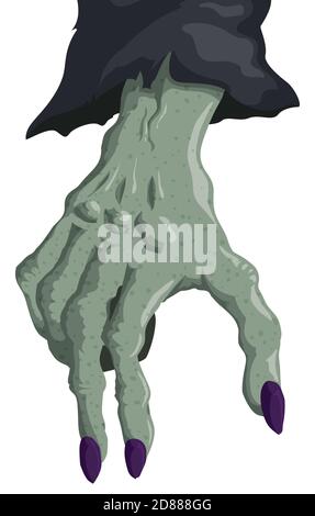 Pale and green-skinned witch hand with purple and dirty nails and dark sleeve casting a spell, over white background. Stock Vector