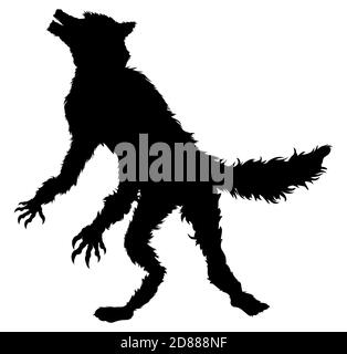 Werewolf dark silhouette with fur and big claws, standing and howling at the Moon. Stock Vector