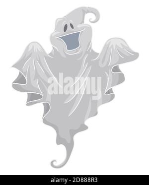 Isolated happy and playful ghost, floating with a white fabric in cartoon style. Stock Vector