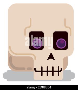 Flat design with skull with purple eyes and smile, isolated over white background. Stock Vector