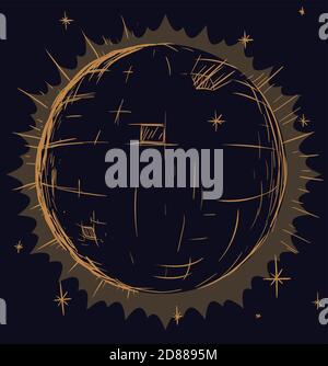 Mirror disco ball with glows and stars in hand drawn style , over dark background. Stock Vector