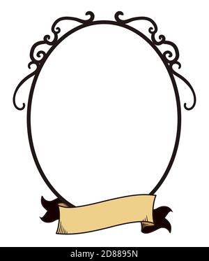 Template with elegant oval frame and fringes, decorated with ribbon in hand drawn style. Stock Vector