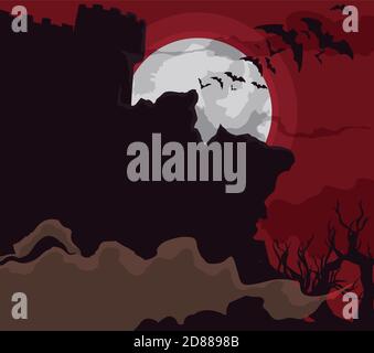 Spooky full Moon night with silhouettes of castle, death forest with mist and flying vampire bats. Stock Vector