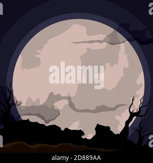 Night scene with full Moon glowing over a dark forest with mist. Stock Vector
