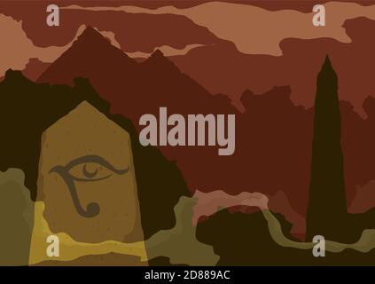 Abandoned and eroded Egyptian scene with 'eye of Horus' symbol in stone, obelisk and pyramids. Stock Vector