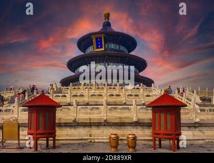 Beijing, China - September 18, 2013: Sunset at Hall of Prayer for Good Harvests building in the Temple of Heaven, UNESCO World Cultural Heritage Site Stock Photo