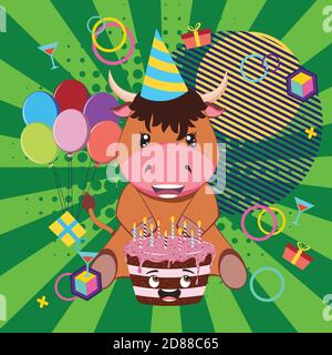 Cute cartoon brown bull with chocolate cake illustration. Stock Vector