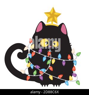 Cute cartoon black cat with colorful Christmas garland and yellow star on the head. Stock Vector