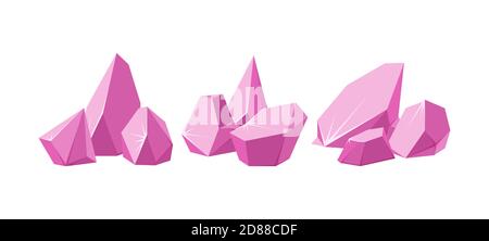 Crystals broken into pieces. Set of smashed pink crystals. Broken gemstones or pink rocks. Vector illustration in cartoon style Stock Vector