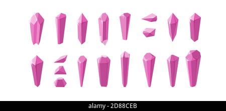 Pink crystals and minerals isolated in white background. Big set of amethyst crystals and their pieces. Geometric vector elements for games and other Stock Vector