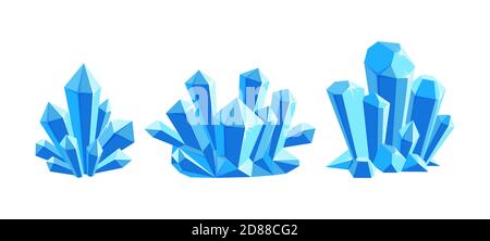 Ice crystals or gem stones. Set of crystal druses made of blue mineral isolated in white background. Vector illustration in cartoon style Stock Vector