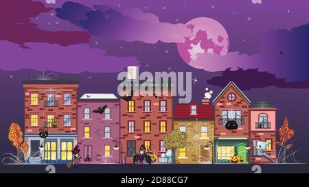 Houses in old town decorated for Halloween holiday celebration. Stock Vector